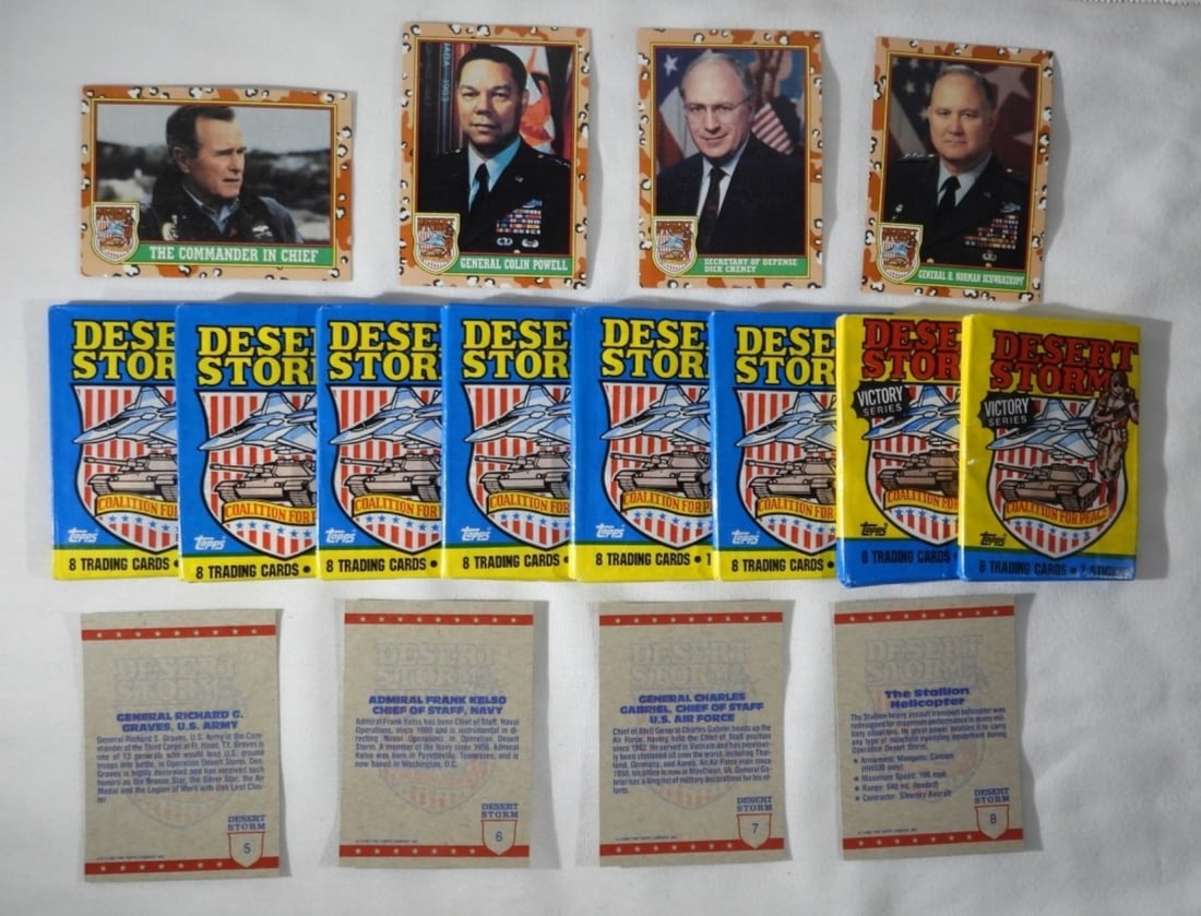 DESERT STORM TRADING CARDS (152 CARDS): EIGHT PACKS OF TOPPS DESERT STORM TRADING CARDS, SEALED. 1991. TWO ARE VICTORY SERIES.