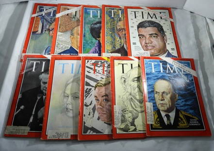 (10) 1960S TIME MAGAZINES: 35,45,55 CENT ISSUES, 1 FROM 1965, 3 FROM 1966, 4 FROM 1967, 2 FROM 1968, NORMAL WEAR FROM THE YEARS, RIPS, WATER SPOTS, SOME COVERS ARE LOOSE