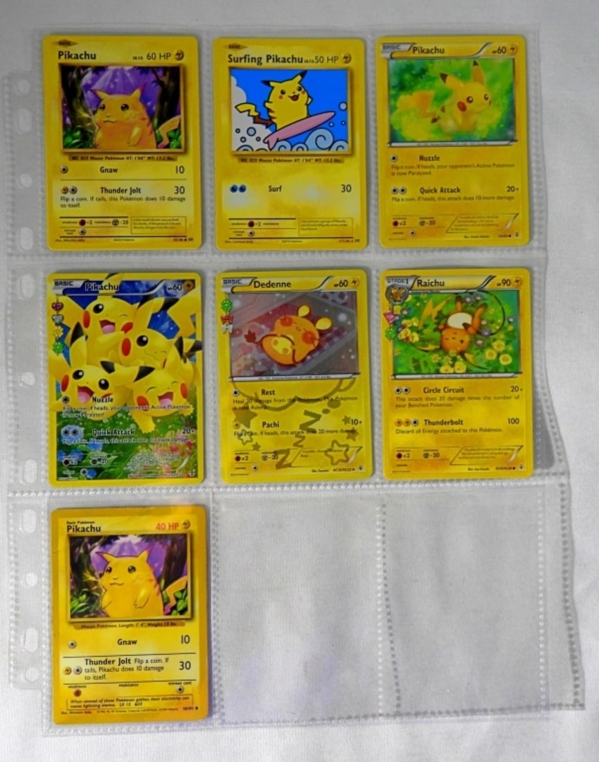 (5) POKEMON PIKACHU & RAICHU/DEDENNE: PIKACHU 58/102 CREASED, REST NICE CONDITION