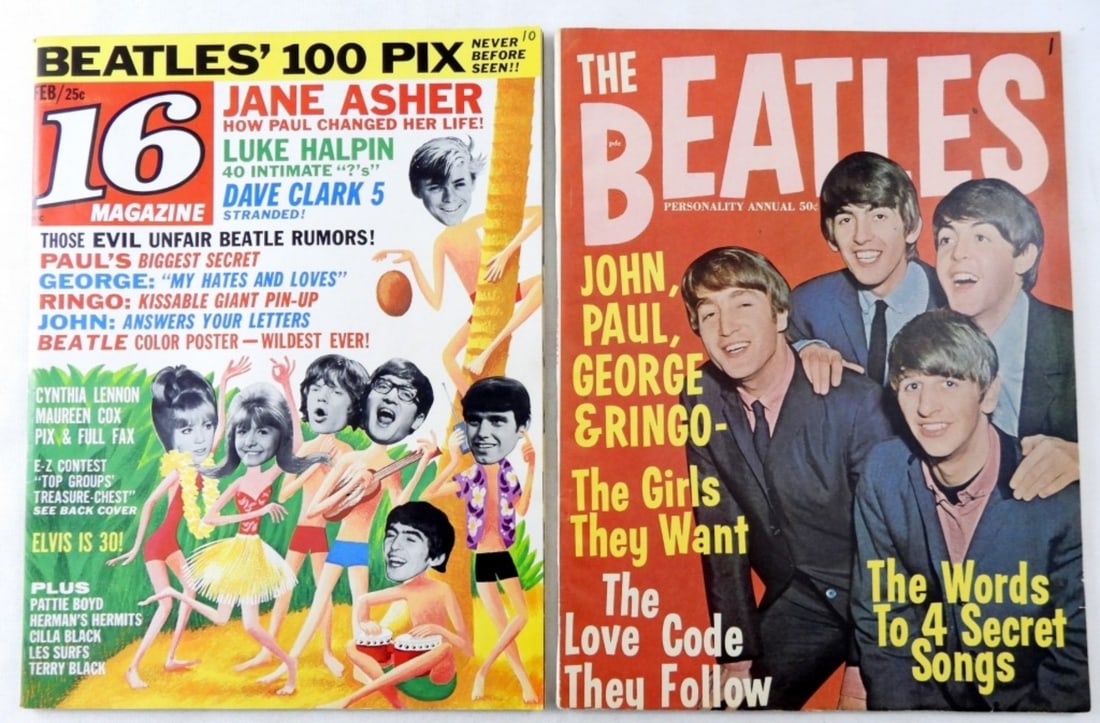 (2) THE BEATLES PERSONALITY ANNUAL& 16"s: THE BEATLES PERSONALITY ANNUAL- THE GIRLS THEY WANT THE LOVE CODE THEY FOLLOW. 16'S MAGAZINE- BEATLES 100 PIX NEVER SEEN BEFORE. IN GOOD CONDITION.