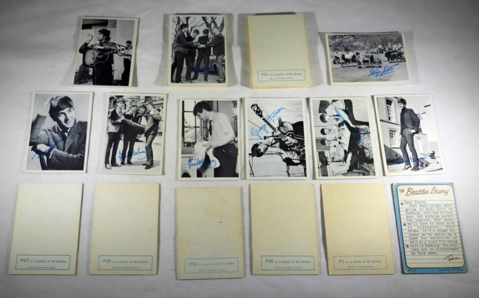 (55) 1964 TCG THE BEATLES TRADING CARDS: 55 THE BEATLES TRADING CARDS FROM TCG, 1964 WITH PRINTED ON AUTOGRAPHS. ALL IN PRETTY GOOD CONDITION!