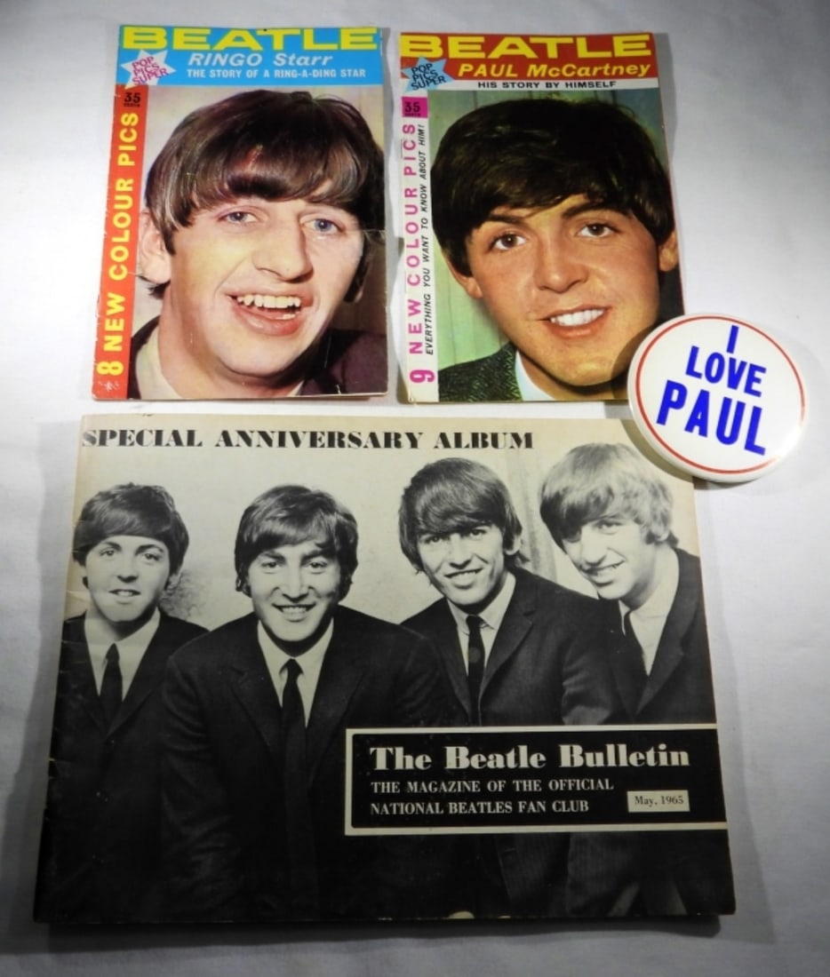 3 BEATLES MAGAZINES & 1 I LOVE PAUL PIN (1 of 2)
