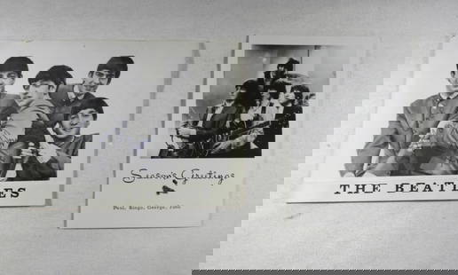 BEATLES FAN CLUB AUTO PHOTOS: TWO BEATLES FAN CLUB PHOTOS. CHRISTMAS CARD-UNSIGNED. OFFICIAL FAN CLUB PHOTO WITH INK SIGNATURES. UNVERIFIED.