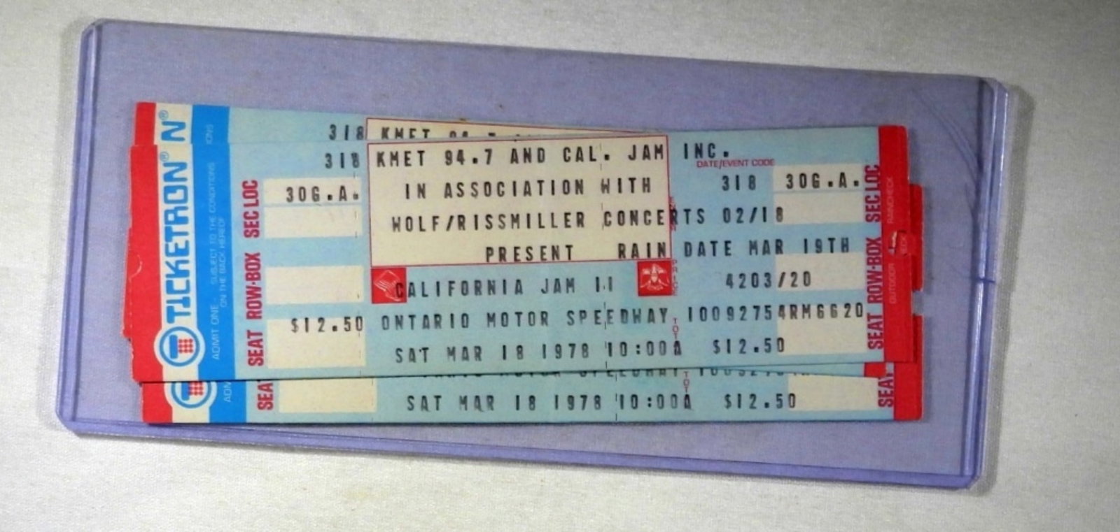 (3) 1978 WOLF/RISSMILLER CONCERT TICKETS: CALIFORNIA JAM II MAR 18 1978