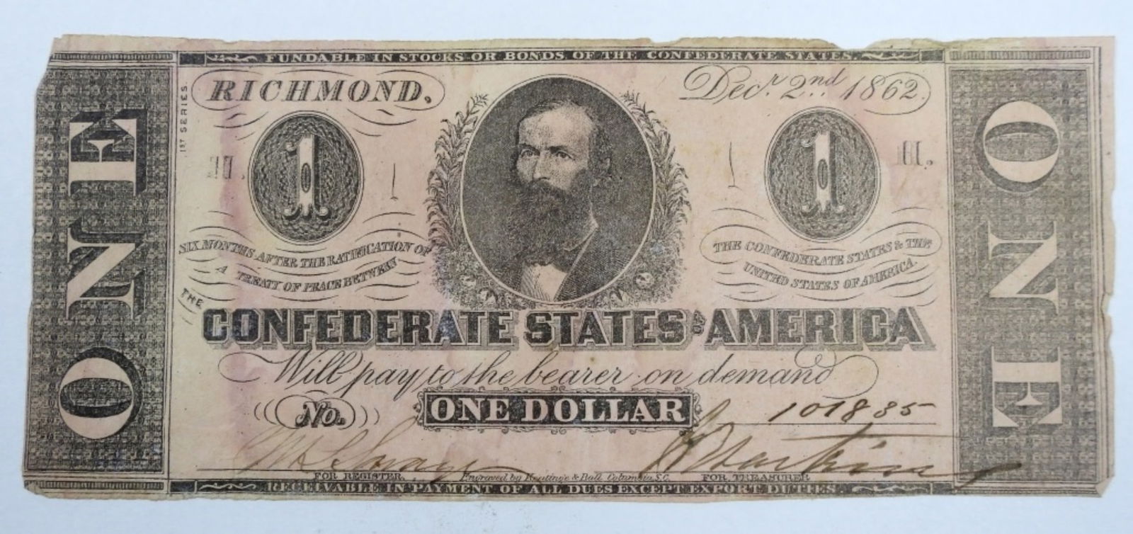 1862 $1 CONFEDERATE STATES of AMERICA (1 of 2)