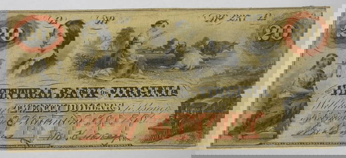 $20 CENTRAL BANK OF VIRGINIA OBSOLETE NOTE: BID NOW WITH VINTAGE AUCTIONS!