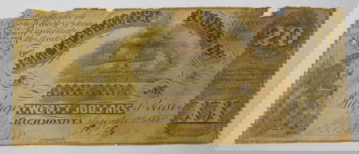 1861 $20 CONFEDERATE STATES OF AMERICA: BID NOW WITH VINTAGE AUCTIONS!