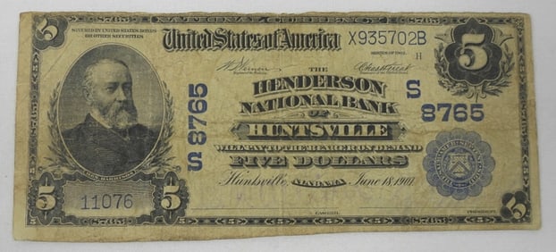 1902 HUNTSVILLE, AL $5 NATL LG SIZE NOTE