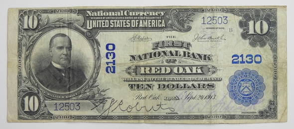 $10 NATIONAL CURRENCY RED OAK, IOWA