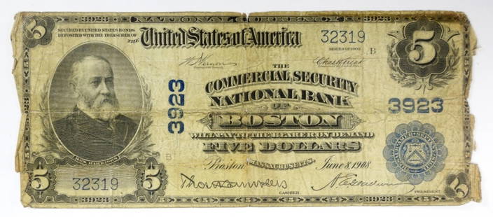 1902 $5 NATIONAL BANK NOTE: BOSTON MA, NATIONAL CHARTER 3923