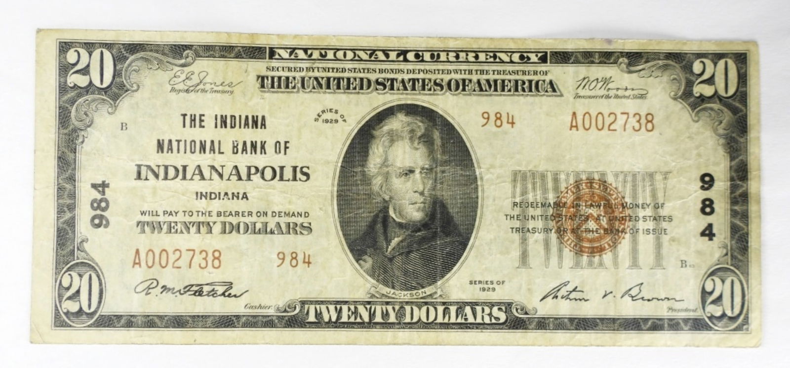 1929 $20 INDIANAPOLIS, IN NATL NOTE (1 of 2)