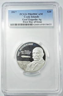 2017 COOK ISLANDS $20 PCGS PR-69 DCAM: FIRST DAY OF ISSUE, GRAF ZEPPELIN SILVER. 3oz .999 SILVER WITH SWATCH OF AIRSHIP FABRIC.