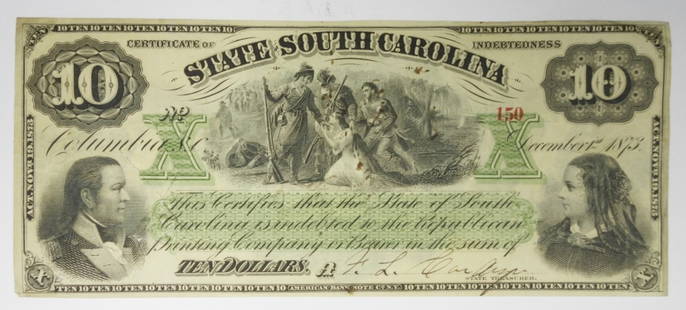$10 SOUTH CAROLINA OBSOLETE NOTE: STATE SOUTH CAROLINA