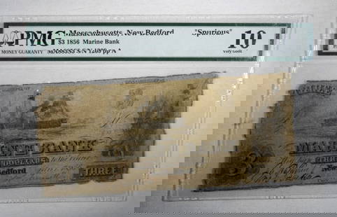 MASS, NEW BEDFORD "SPURIOUS" PMG 10: $3 1856 MARINE BANK - OBSOLETE NOTE