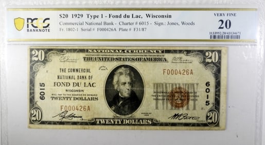 $20 1929 TYPE 1 -FOND DU LAC WI PMG 20