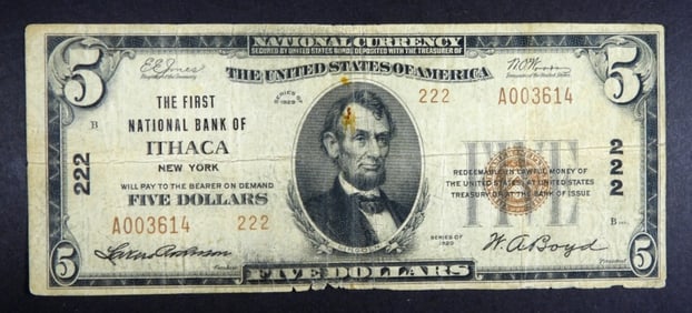 $5 NATIONAL CURRENCY ITHACA, NEW YORK