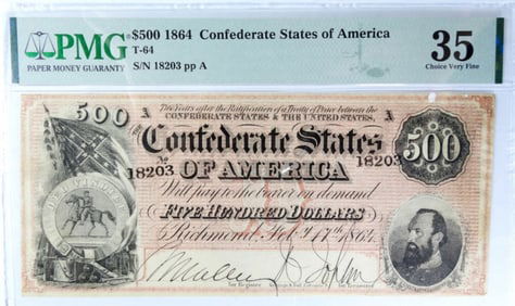 1864 $500 CONFED STATES OF AMERICA PMG35