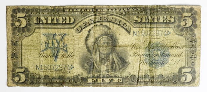 1899 $5 SILVER CERTIFICATE INDIAN CHIEF: 1899 $5 SILVER CERTIFICATE, INDIAN CHIEF HEAVILY CIRCULATED. HISTORICAL PIECE