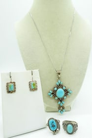 STERLING TURQUOISE RINGS, EARRINGS +