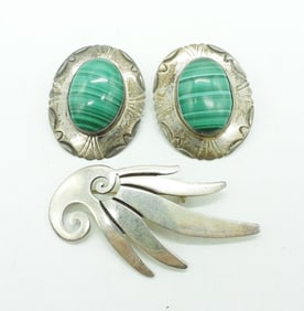 VTG MEXICO 925 MALACHITE EARRINGS / PIN
