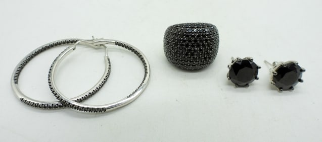 BLACK GEMSTONE STERLING RING & EARRINGS