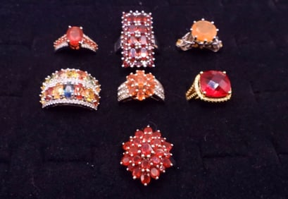 (7) STERLING RED / ORANGE GEMSTONE RINGS