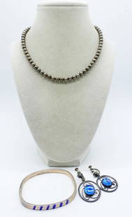 STERLING MEXICO / TAXCO SET: TAXCO STERLING RECTANGULAR BANGLE BRACELET "TCH-10 MEXICO STERLING". MEXICO 925 SCREW BACK EARRINGS. STERLING BEADED