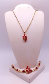 RUBY RED GEMSTONE, GOLD TONE 925 SET