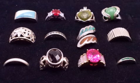 (12) STERLING FASHION GEMSTONE RINGS
