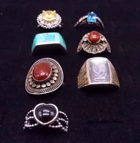 (7) STERLING RINGS. TURQ, AMBER & MORE