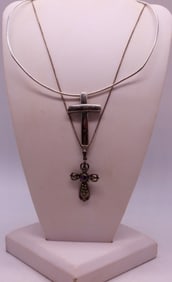 (2) CROSS PENDANTS, STERLING CHAINS