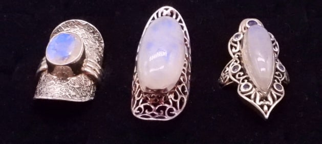 (3) CHUNKY STERLING MOONSTONE RINGS