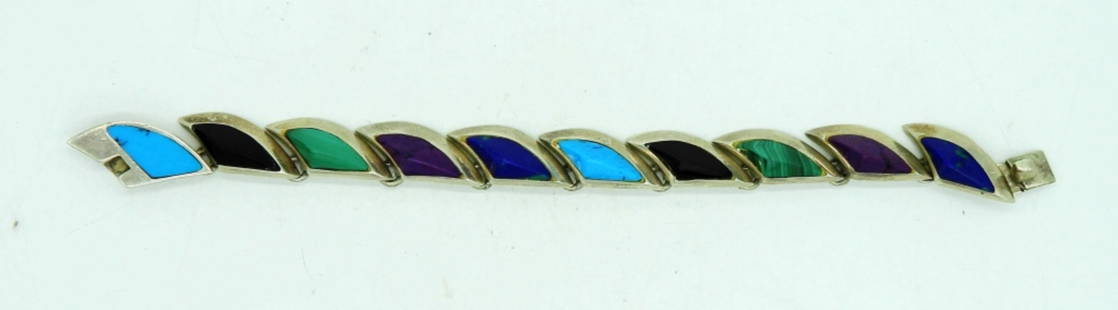 TAXCO 925 GEMSTONE BRACELET: TAXCO STERLING BRACELET. ONYX, TURQUOISE, MALACHITE & MORE. 7.5". GORGEOUS! (30.4 DWT)