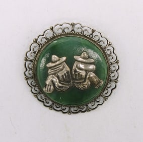VTG STERLING MEXICO JADE SIESTA BROOCH