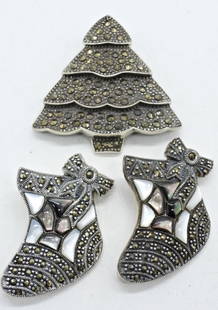 CHRISTMAS MARCASITE PINS: CHRISTMAS TREE & STOCKINGS STERLING, MARCASITE & MOTHER OF PEARL BROOCHES. 1.5". (27.4 DWT)