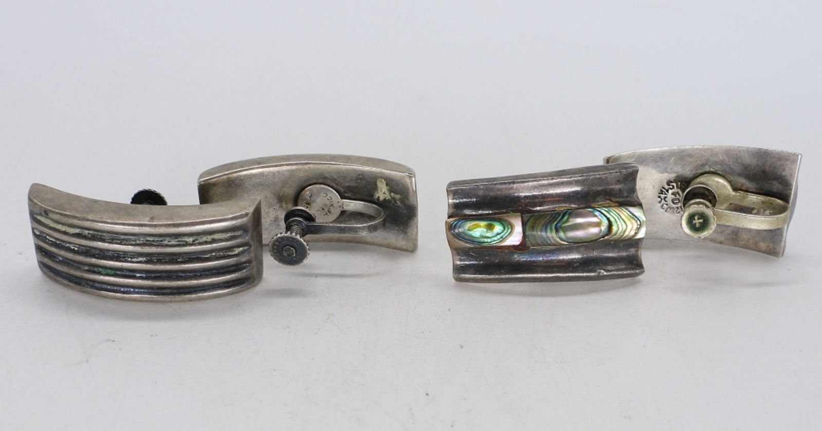 (2) PAIR TAXCO / MEXICO 925 EARRINGS: STERLING VINTAGE EARRINGS. ABALONE STERLING TAXCO EARRINGS, JUST MARKED TAXCO STERLING 925. OTHER PAIR ARE STERLING MADE IN MEXICO. (11.1 DWT)
