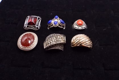 (6) STERLING GEMSTONE MARCASITE RINGS