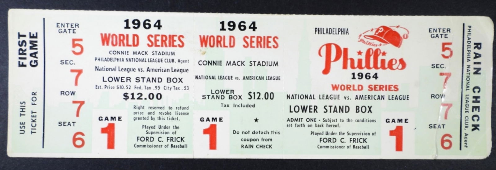 1964 WORLD SERIES TICKET PHILLIES: GAME 1 - UNUSED TICKET