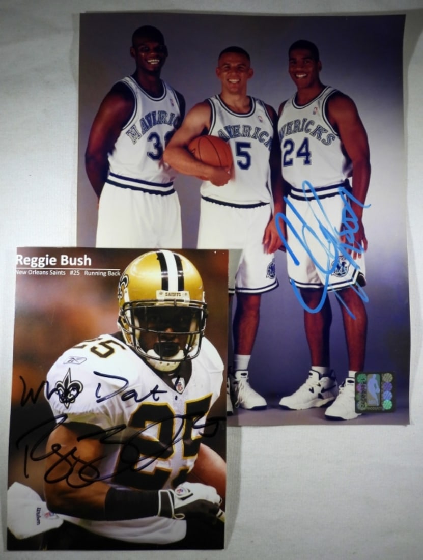 REGGIE BUSH & JIM JACKSON AUTOGRAPHS: REGGIE BUSH NEW ORLEANS SAINTS #25 AUTOGRAPHED PHOTO (NO COA / UNVERIFIED). JIM JACKSON 1995 NBA OFFICIAL PHOTO, AUTOGRAPHED ONLY BY JIM JACKSON. NO COA / UNVERIFIED.