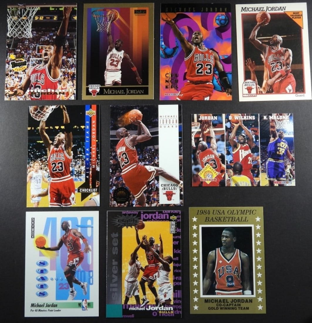MICHAEL JORDAN BSKBALL PREMIUM CARDS: AMAZING MIX, ALL DIFFERENT. MANY PREMIUM BRANDS. NICE OVERALL CONDITION.