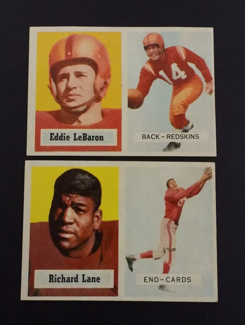 2 1957 TOPPS FOOTBALL CARDS: EDDIE LEBRON 1, RICHARD LANE 85, NICE CONDITION