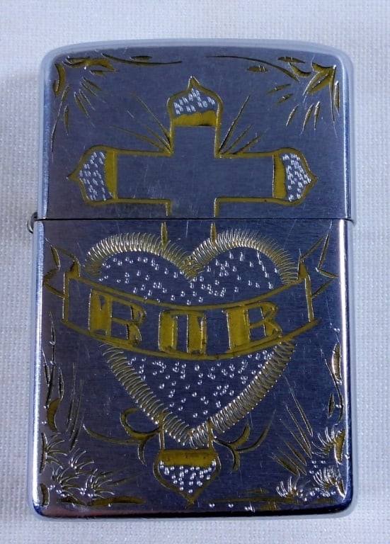VIETNAM ZIPPO LIGHTER: ONE SIDE VIET-NAM CHU-LAI 70-71, MAP, OTHER SIDE LARGE CROSS AND HEART NAME BOB