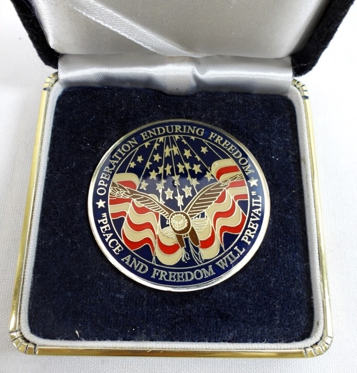 AMERICA'S AIR FORCE B-2 CHALLENGE COIN: IN A BOX, GOOD CONDITION, ON THE FRONT AMERICA'S AIR FORCE, NO ONE COMES CLOSE WITH A B-2, ON THE BACK AN AMERICAN EAGLE WITH " OPERATION ENDURING FREEDOM", "PEACE AND FREEDOM WILL PREVAIL"