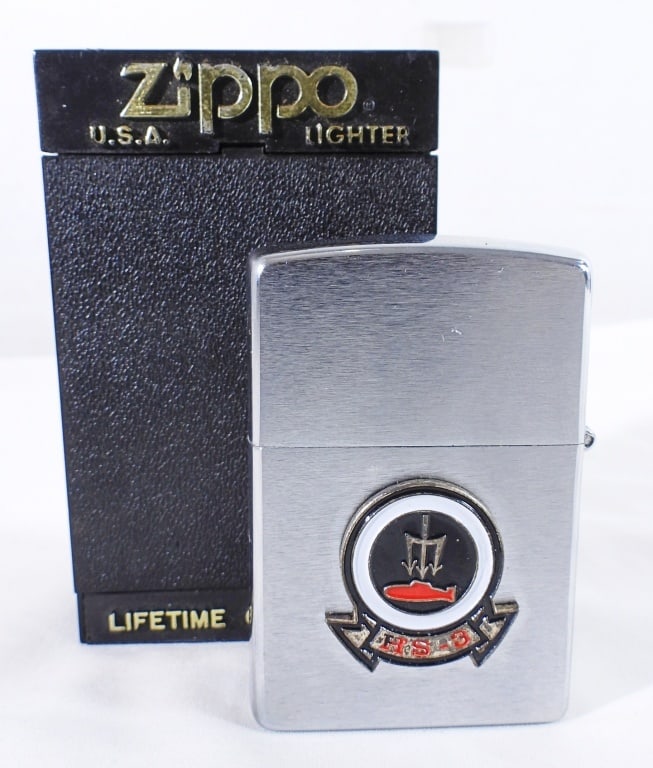 1995 UNFIRED HELICOPTER ANTI-SUBMARINE ZIPPO: IN A ZIPPO BOX, WITH HELICOPTER ANTI-SUBMARINE SQUADRON THREE (HS-3) LOGO ON THE FRONT, HELICOPTER ETCHED ON THE BACK