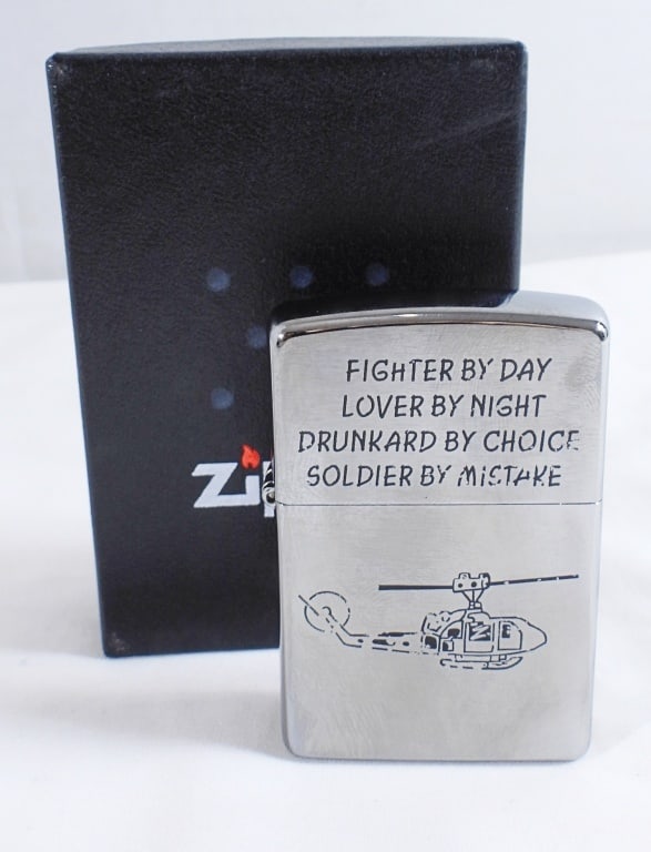2018 SEALED "FIGHTER BY DAY" ZIPPO: IN A ZIPPO BOX, "FIGHTER BY DAY, LOVER BY NIGHT, DRUNKARD BY CHOICE, SOLDIER BY MISTAKE" SEALED
