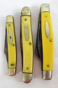 (3) PEARL/ YELLOW ENAMEL POCKET KNIVES