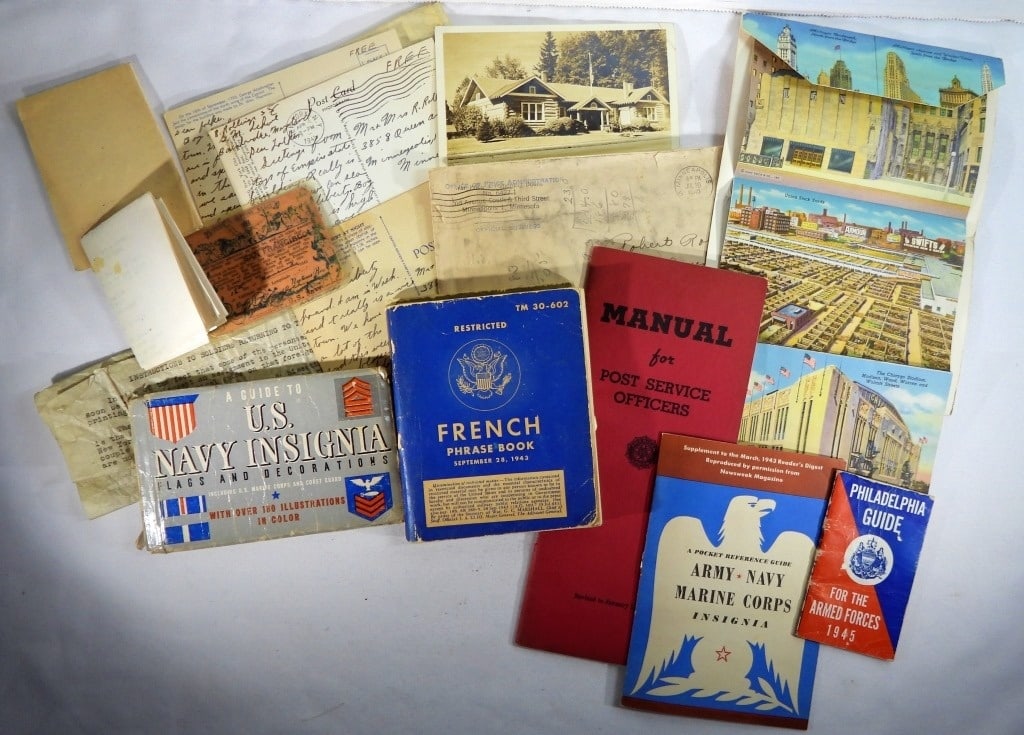 MILITARY PHRASE BOOKS, INSIGNIA BOOK,: POST CARDS, ARMED FORCES GUIDE, LETTERS & MORE