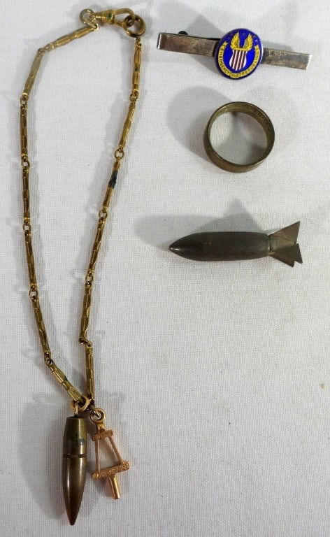 UNIQUE LOT - COIN RING, EMERGENCY PIN: WATCH CHAIN WITH BULLET TIP & MINI BOMB CAPSULE