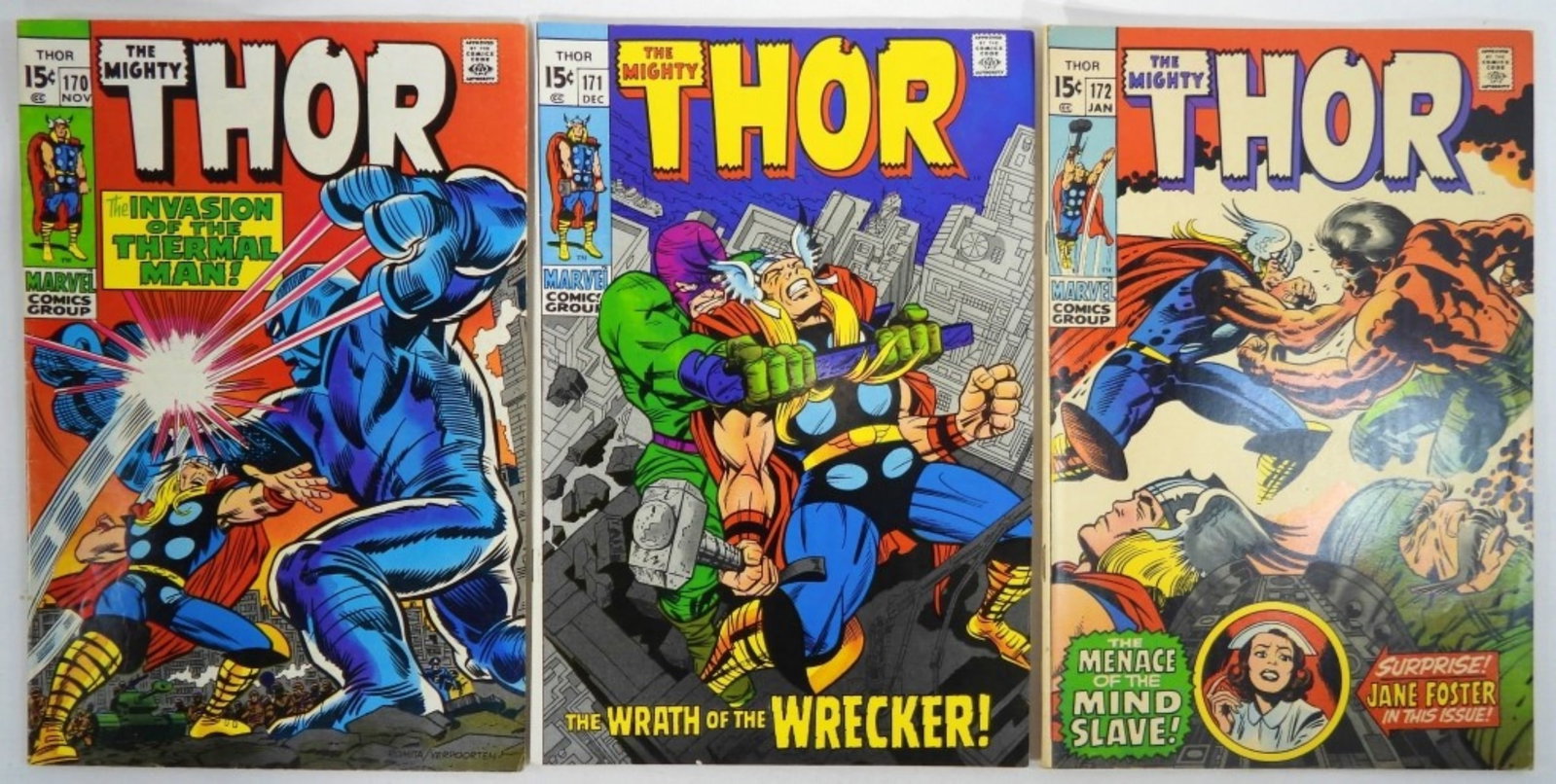 (3) 1969/70 MARVEL THE MIGHTY THOR #170,171,172: VG/ FINE "THE INVASION OF THE THERMAL MAN!","THE WRATH OF THE WRECKER!", THE MENACE OF THE MIND SLAVE!"