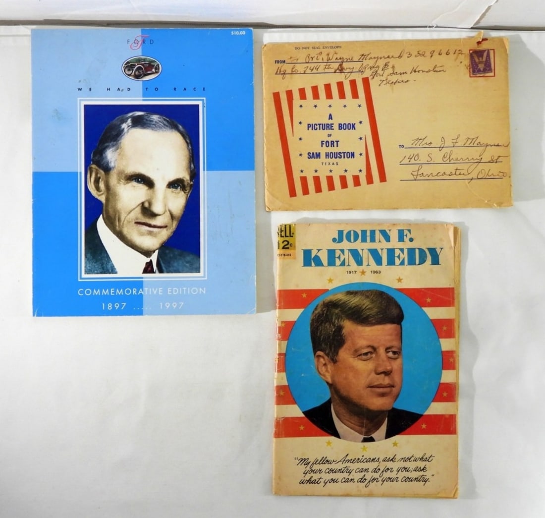 FORT SAM HOUSTON, JFK DELL COVER &: 1897-1997 FORD COMMEMORATIVE EDITION BOOK - VINTAGE PAPER LOT